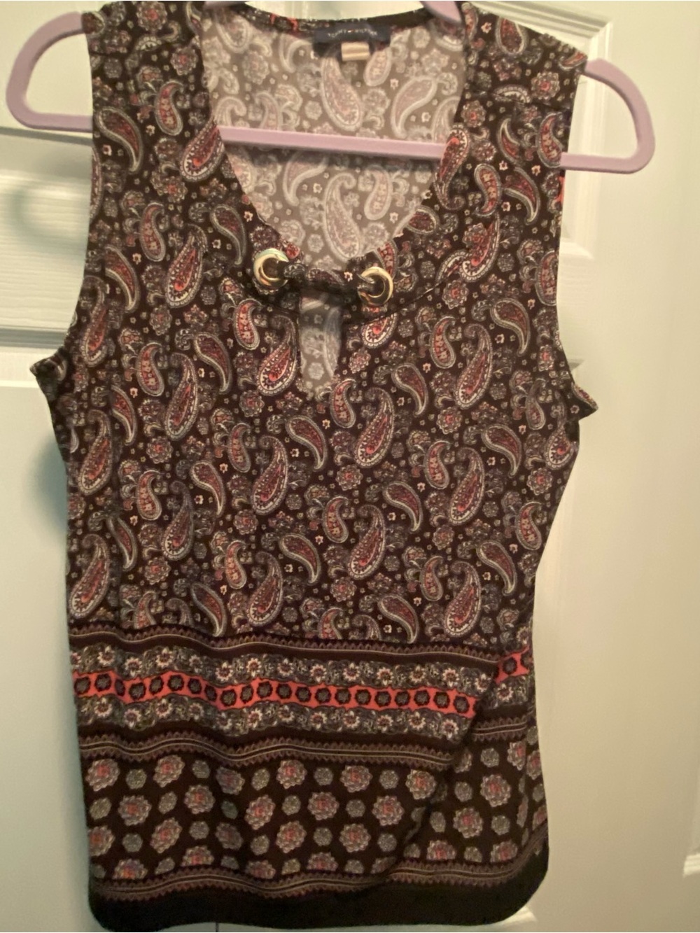Tommy Hilfiger top Dark Brown, Black, Tan & Coral Paisley sleeveless - Large